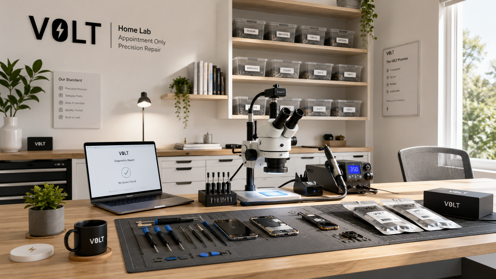 Repair bench with a microscope, tools and parts storage