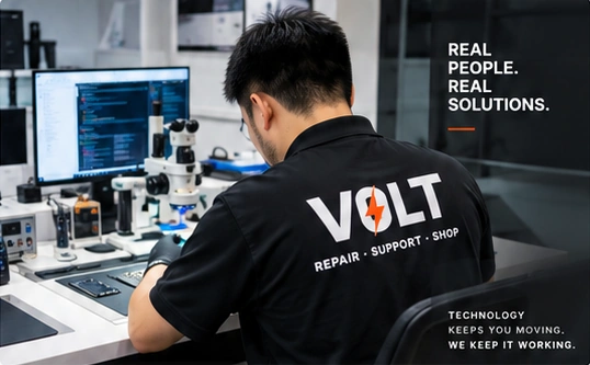 Illustration of a technician working at an electronics repair bench