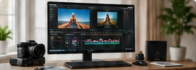 Computer with a video-editing timeline and a camera on the desk
